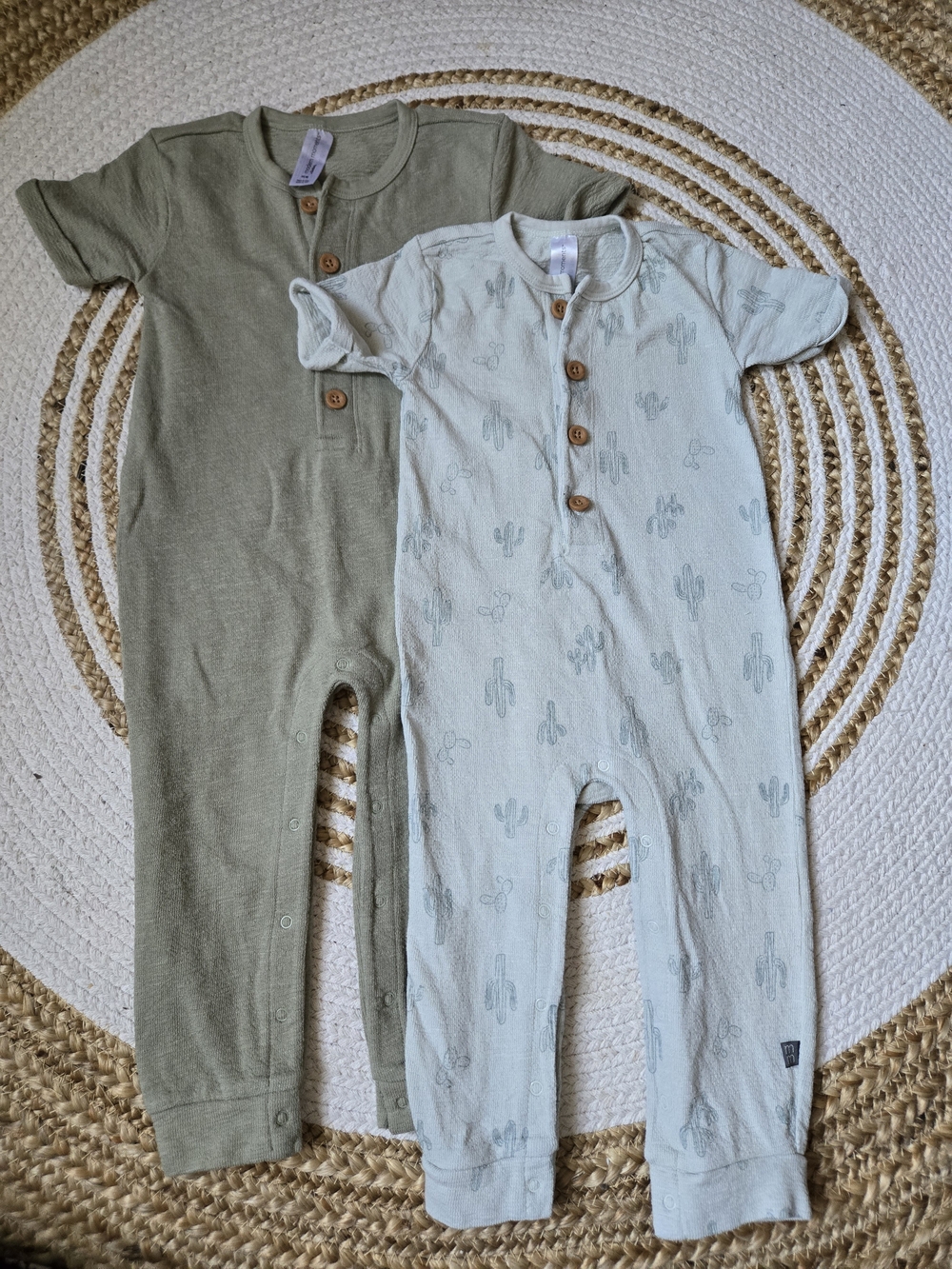 2 pcs Gerber Olive Green & Light Sage Cactus Print Footie Rompers